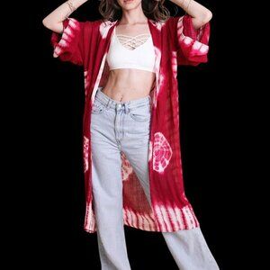 Berry Tie Dye Kimono Long Length Sleeve One Size Boho Duster Cardigan Hand Dyed